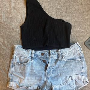 off the shoulder crop top + denim shorts set